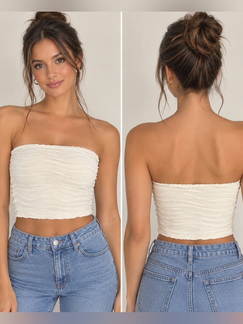 SHEIN Cream Strapless Ruched Tube Top